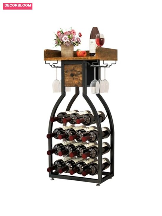 Other - Freestanding Floor Wine Rack with Storage Drawer, 15 Bottle Capacity, Glass